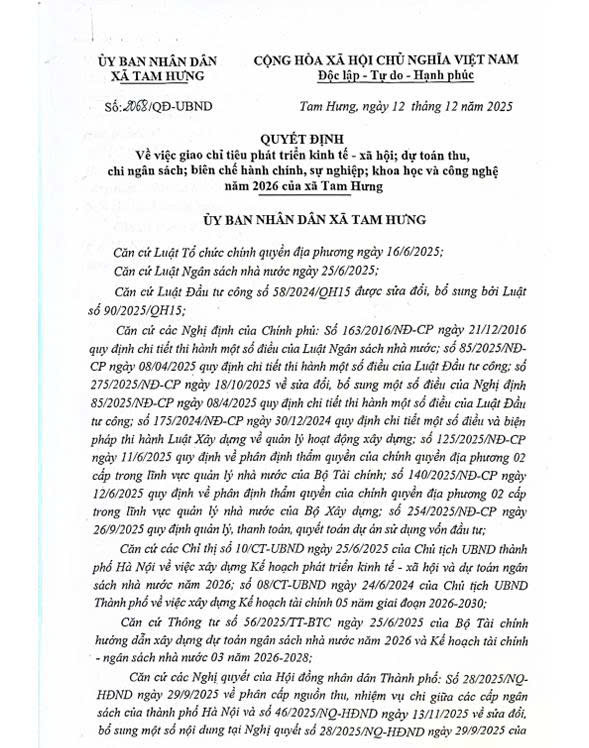 QD về việc: Giao chỉ tiêu PTKTXH; Dự toán thu chi ngân sách 2026